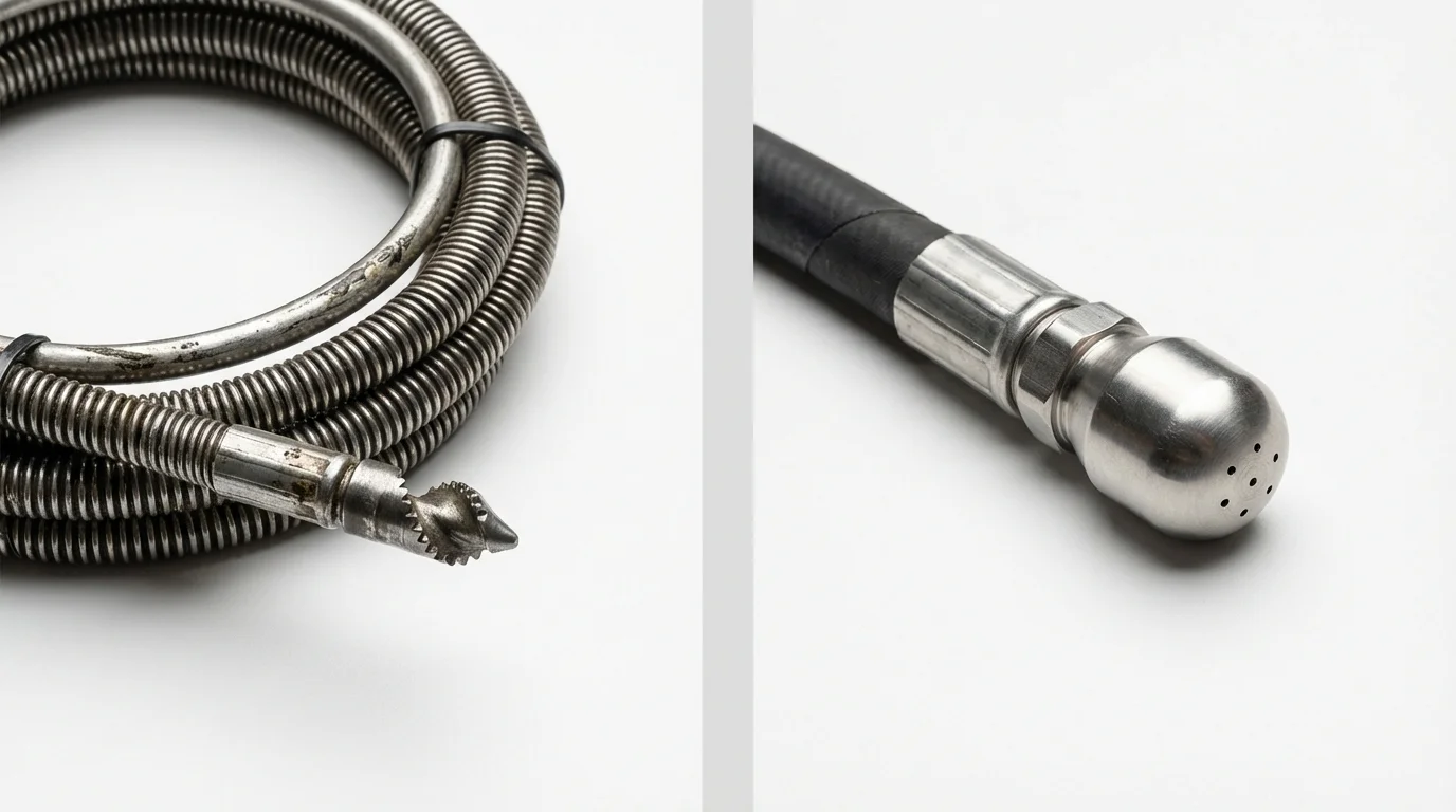 Drain snake cable and hydro jetting nozzle used for drain cleaning in Roberts, WI