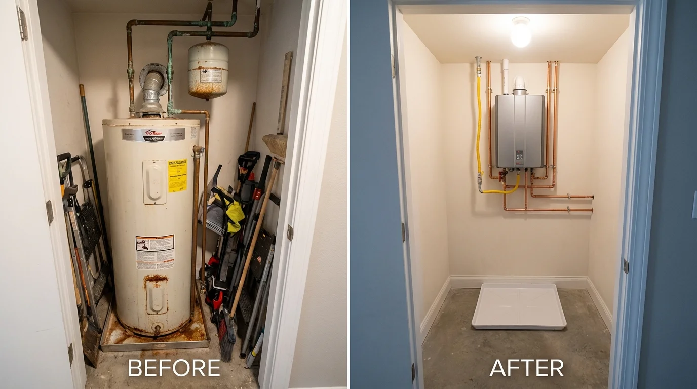 Tank water heater versus wall-mounted tankless unit comparison for Roberts, WI homeowners