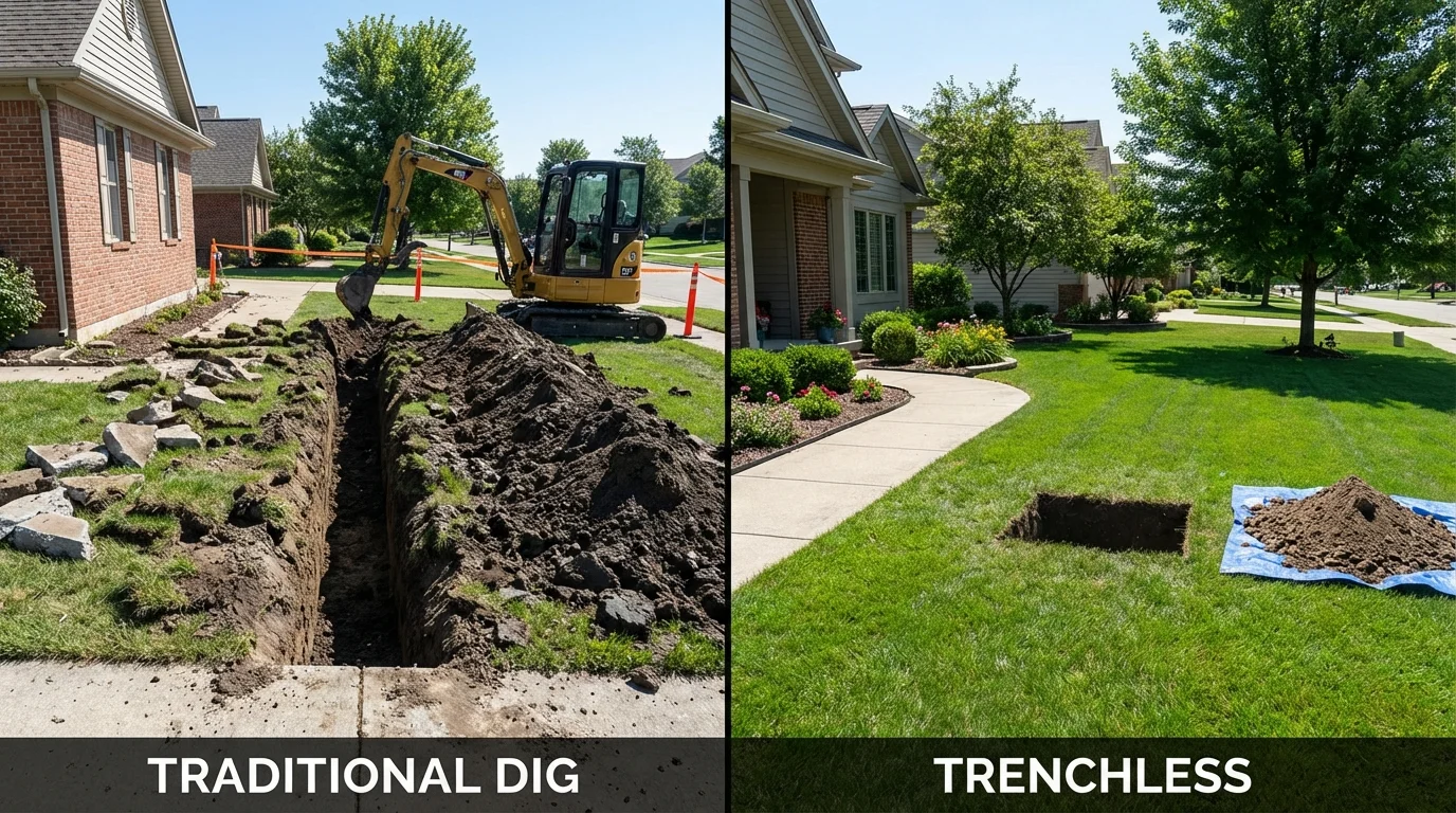 Trenchless sewer repair with minimal yard damage versus traditional excavation in Roberts, WI