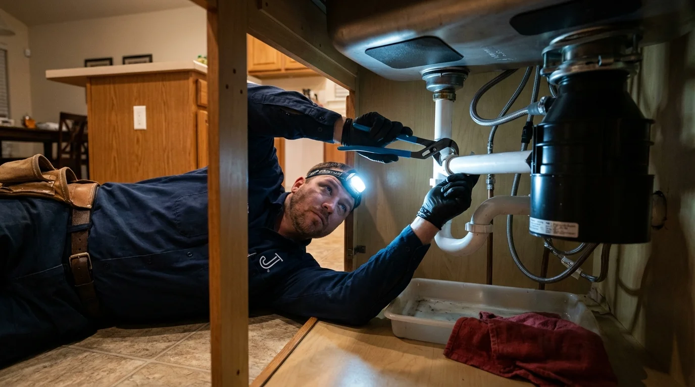 P-trap and supply line connections under a kitchen sink showing a common leak point in Roberts, WI